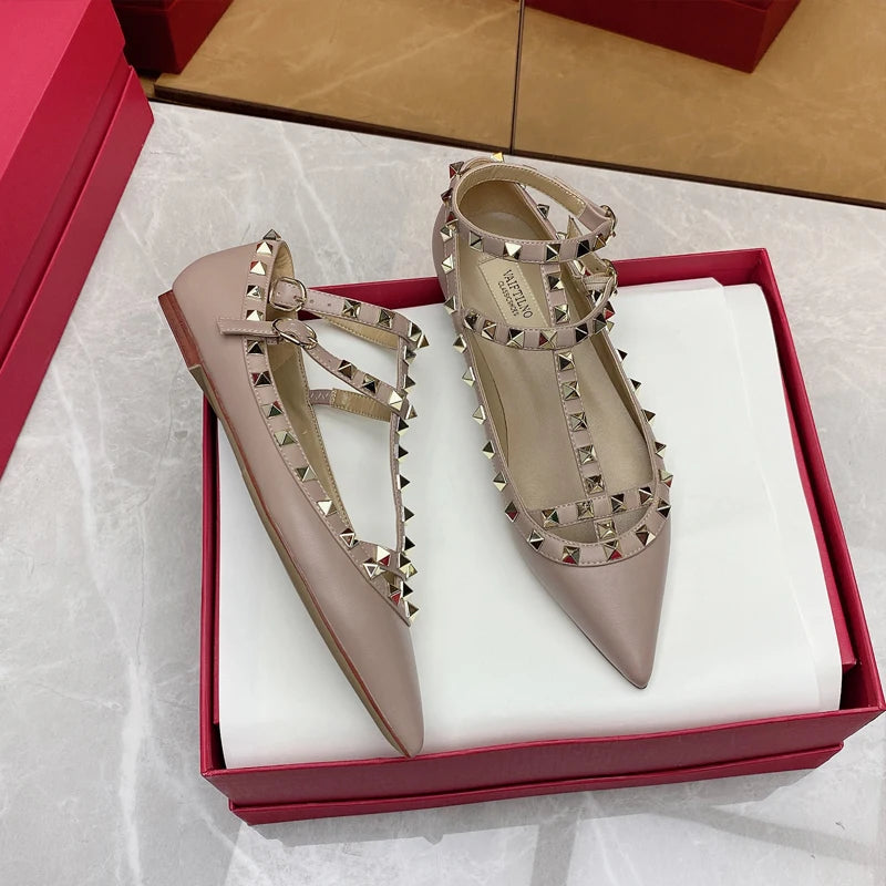 2025 New Pointed Toe Flat Shoes for Women Luxury Gladiator Metal Rivet Ballet Flats Comfortable Fashion Breathable Casual Shoes
