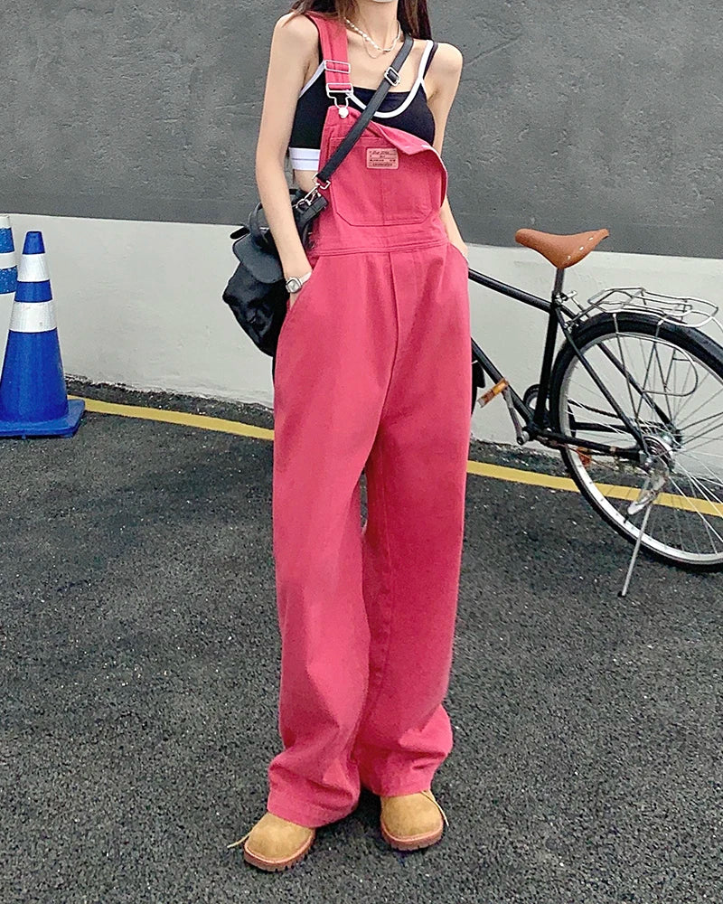 XS-XL jean womens Summer Preppy Style loose Girls Pink wide leg trousers jumpsuit korean casual denim overalls womens(78891