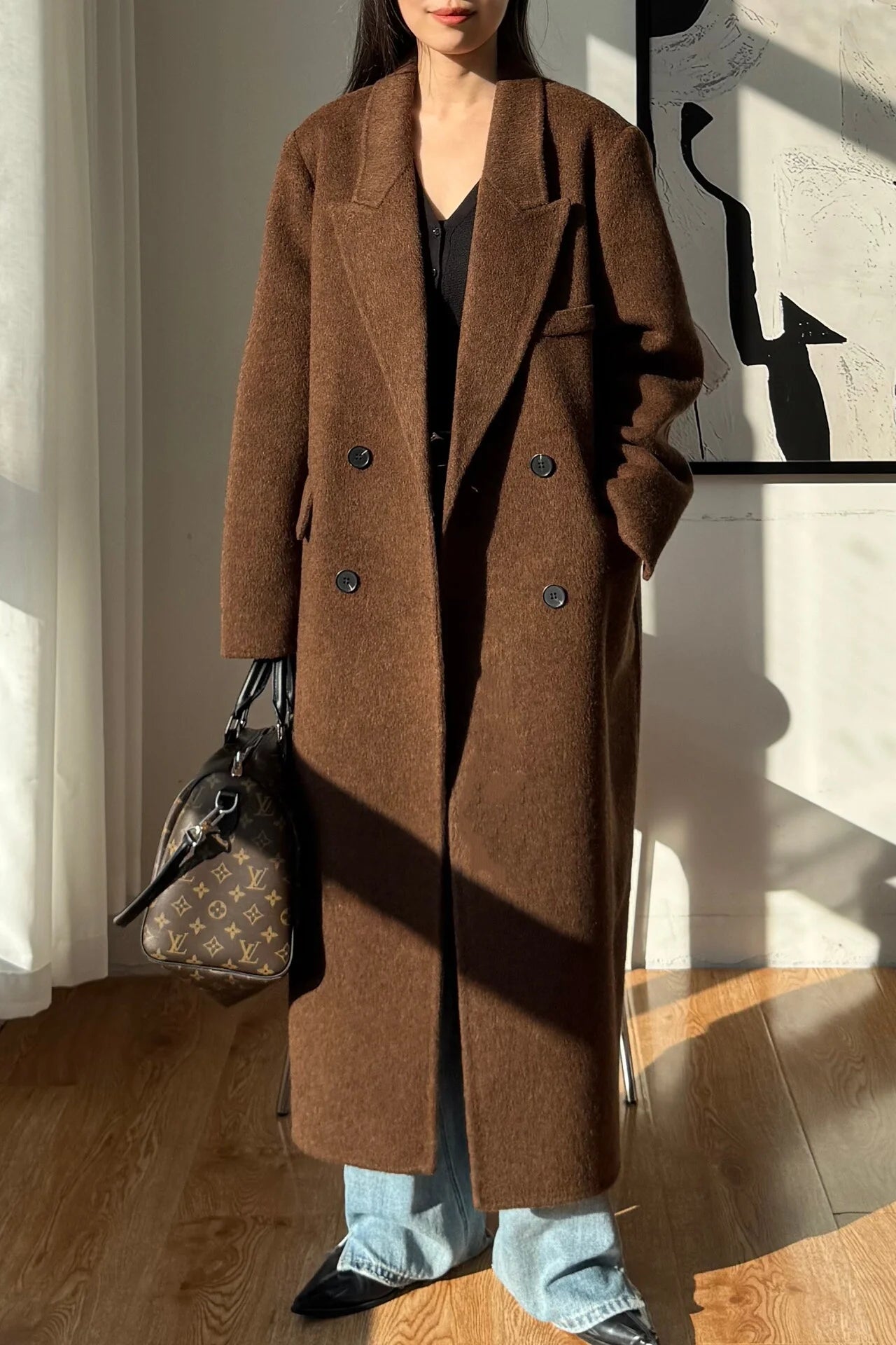 2025 Winter New High end Brown Double sided Wool Coat Women Long Stand up Collar Shoulder Straight Tube Woolen Coat for Women