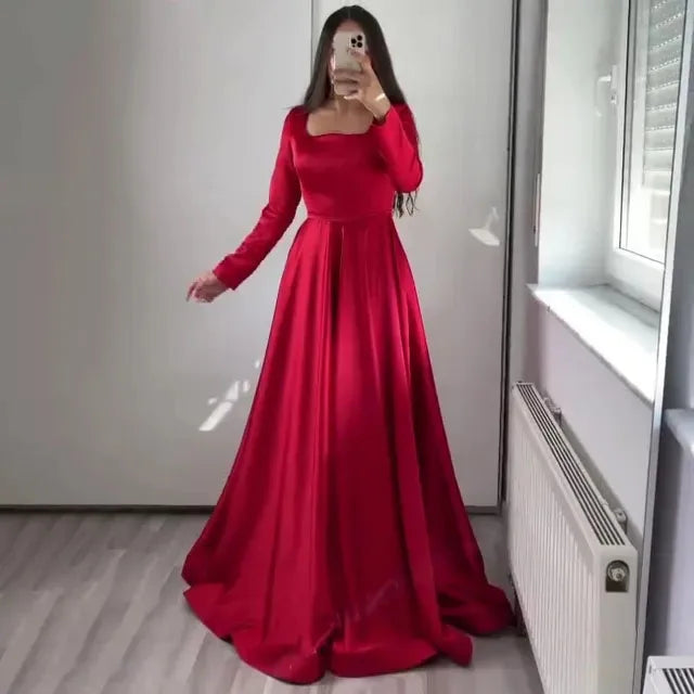 FDHAOLU Dark Green Satin Evening Dress for Wedding Party Long Sleeve Square Neck Prom Party Gown vestidos de noche Customized