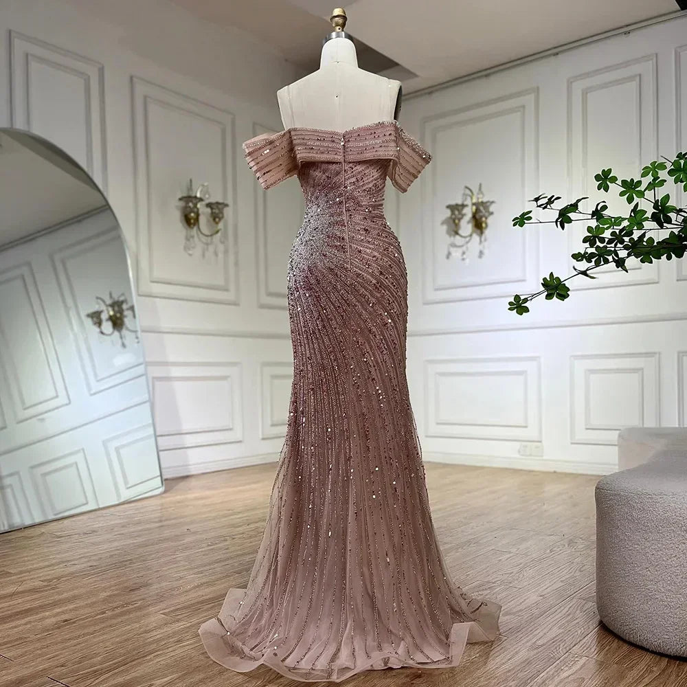 Serene Hill 2024 Off Shoulder Pink Mermaid Beaded Luxury Evening Dress with Side Split Formal Occasion Saudi Customize BLA72481