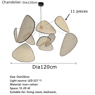 Japanese Wabi-sabi Rattan Pendant Light Dining Room Handmade Rattan Led Chandelier Bedroom Home Decor Leaf Grid Screen Droplight