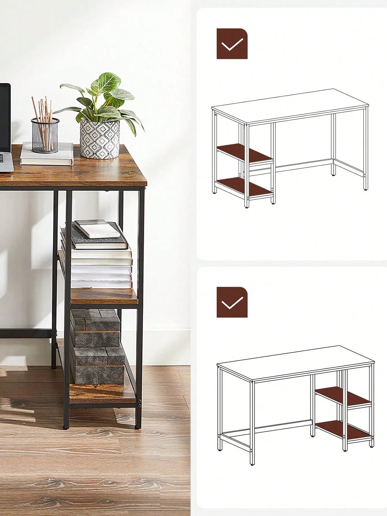 VASAGLE Writing Desk: 2 Shelves, Left/Right. Office/Living Room Work Table. Steel Frame. Industrial Style.