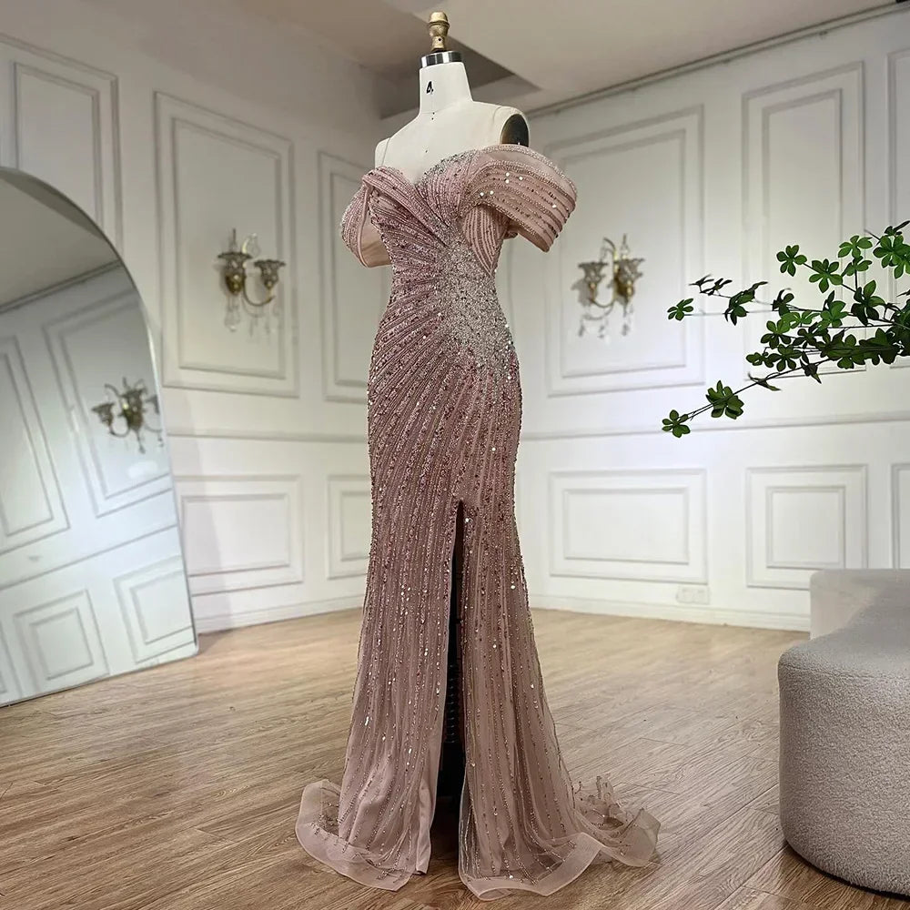 Serene Hill 2024 Off Shoulder Pink Mermaid Beaded Luxury Evening Dress with Side Split Formal Occasion Saudi Customize BLA72481