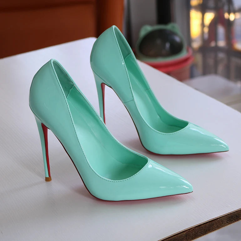 Spring New Light Green Lacquer Leather Pointed High Heels Single Red Sole Shoes Shallow Mouth Nightclub French Size 13CM