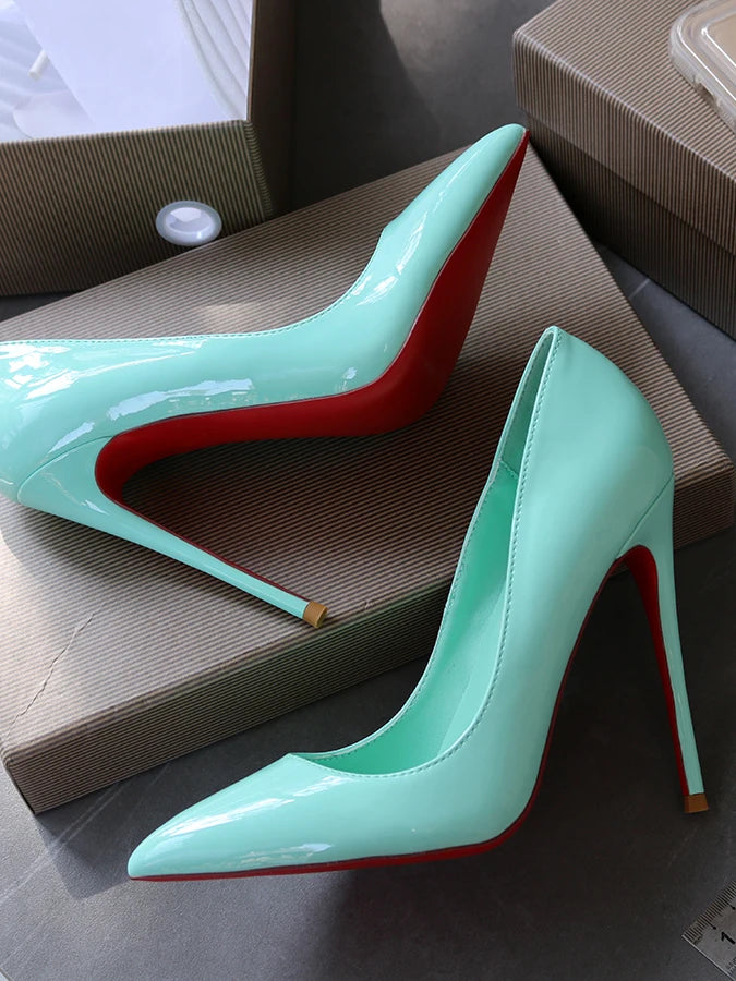 Spring New Light Green Lacquer Leather Pointed High Heels Single Red Sole Shoes Shallow Mouth Nightclub French Size 13CM