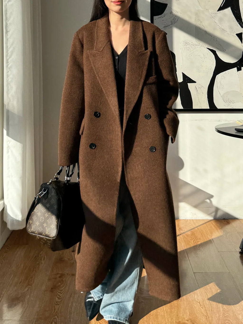 2025 Winter New High end Brown Double sided Wool Coat Women Long Stand up Collar Shoulder Straight Tube Woolen Coat for Women