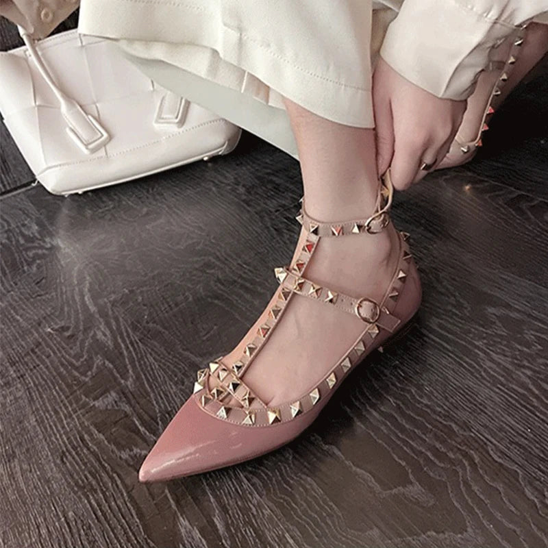 2025 New Pointed Toe Flat Shoes for Women Luxury Gladiator Metal Rivet Ballet Flats Comfortable Fashion Breathable Casual Shoes