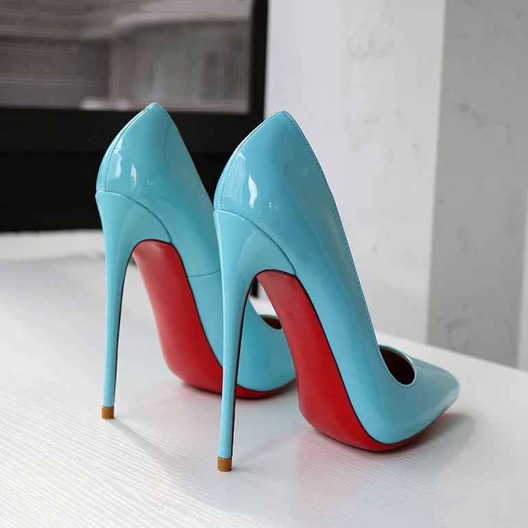 Spring New Light Green Lacquer Leather Pointed High Heels Single Red Sole Shoes Shallow Mouth Nightclub French Size 13CM