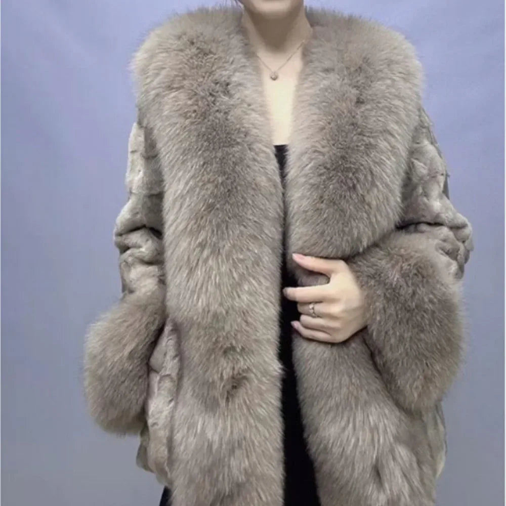 Big Collar Coat Fox Fur Jacket 2024 Autumn Winter Women Real Mink Fur Outerwear High Quality Luxury Warm Middle Length Cardigan