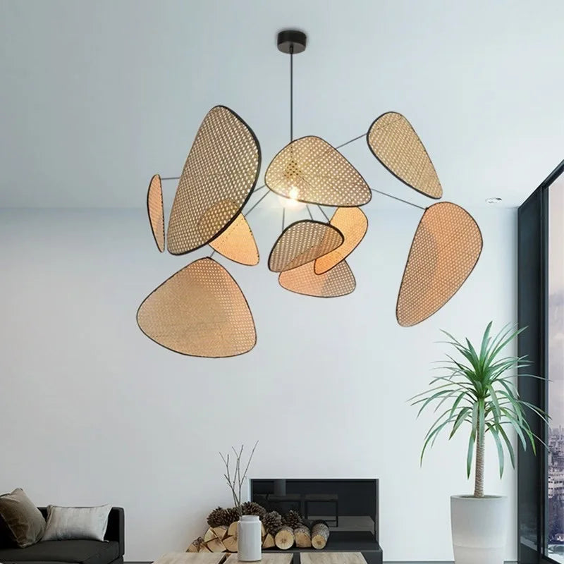 Japanese Wabi-sabi Rattan Pendant Light Dining Room Handmade Rattan Led Chandelier Bedroom Home Decor Leaf Grid Screen Droplight