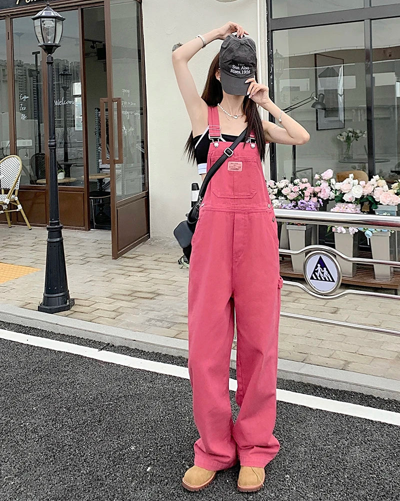 XS-XL jean womens Summer Preppy Style loose Girls Pink wide leg trousers jumpsuit korean casual denim overalls womens(78891