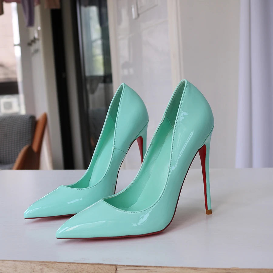 Spring New Light Green Lacquer Leather Pointed High Heels Single Red Sole Shoes Shallow Mouth Nightclub French Size 13CM