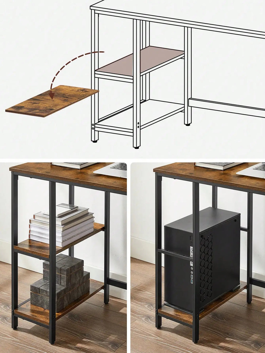 VASAGLE Writing Desk: 2 Shelves, Left/Right. Office/Living Room Work Table. Steel Frame. Industrial Style.