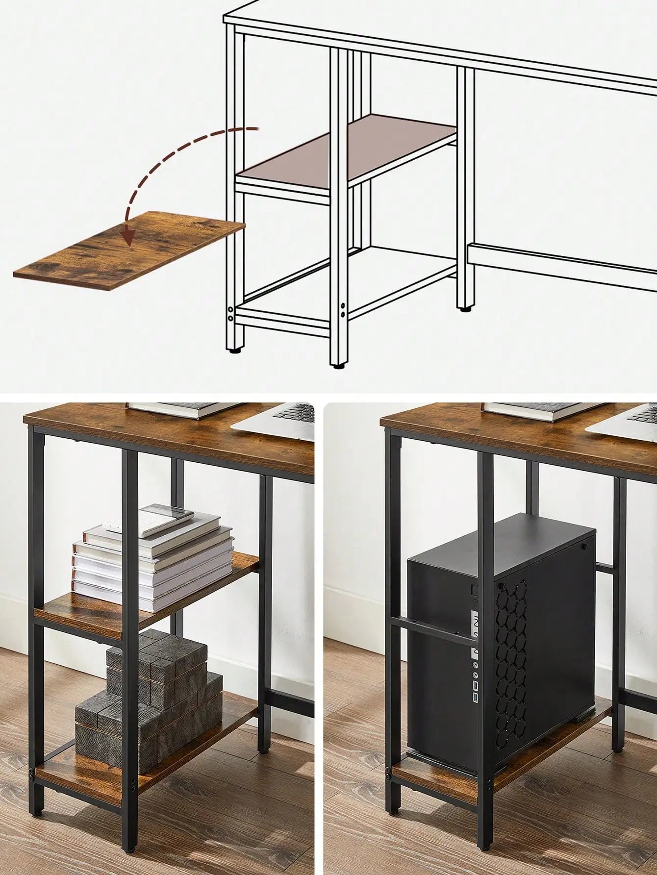 VASAGLE Writing Desk: 2 Shelves, Left/Right. Office/Living Room Work Table. Steel Frame. Industrial Style.